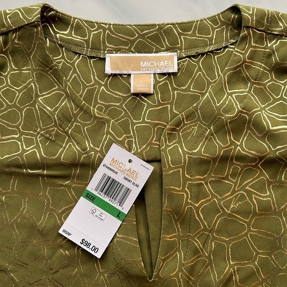 NWT MICHAEL Michael Kors Women’s Giraffe Print Tie Sleeve Top Green Gold Large - Picture 6 of 7